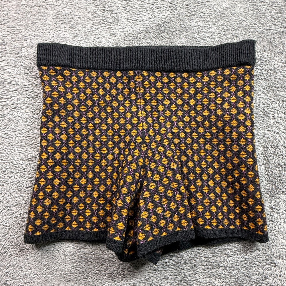 Dries Van Noten Jacquard Knit Shorts Womens M US 8 Black Gold Merino Wool Lurex